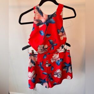 AKIRA Red Floral Cutout Romper with Blue & White Flowers